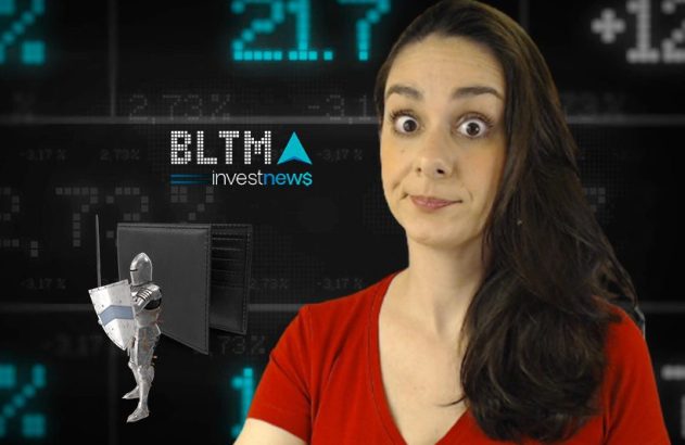 Mulher com olhos arregalados; cavaleiro defende carteira em tela financeira 'BLTMA investnews'.