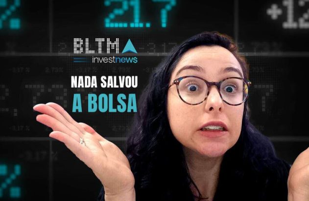 Mulher surpresa gesticula sobre fundo de dados financeiros, com texto 'NADA SALVOU A BOLSA'.