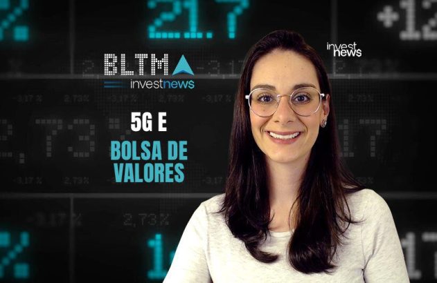 Apresentadora da Investnews sorri diante de fundo de mercado financeiro com o tema "5G e Bolsa de Valores".