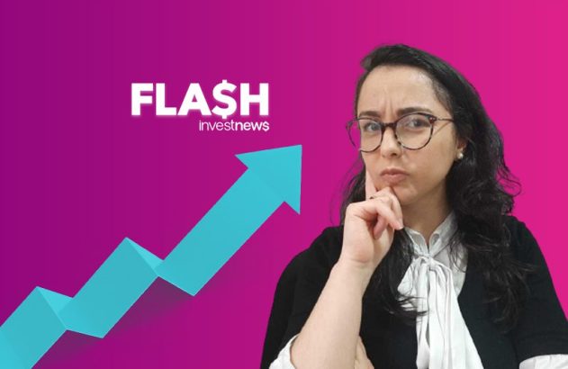 Mulher pensativa com óculos, mão no queixo. Ao fundo, seta de crescimento e logo de finanças.