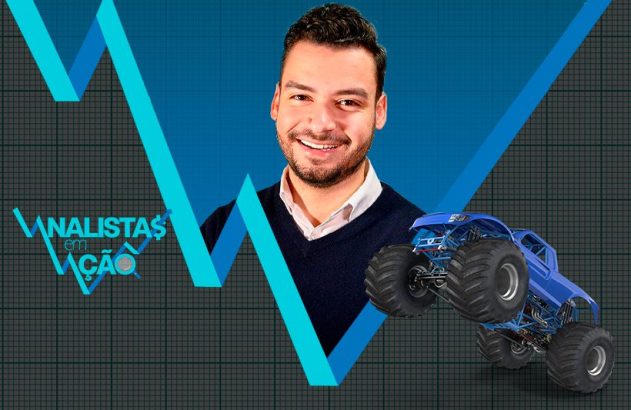 Homem sorrindo, monster truck azul saltando, e "Analistas em Ação" com gráfico de mercado.