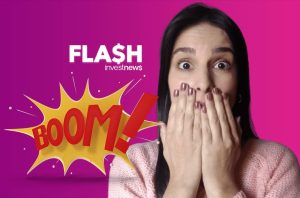 Mulher com expressão de choque cobre a boca, com texto "FLASH investnews" e balão "BOOM!".