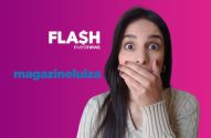 Mulher surpresa com a mão na boca, ao lado dos textos 'FLA$H investnews' e 'magazineluiza' em fundo gradiente roxo.