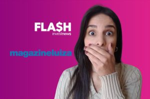 Mulher surpresa com a mão na boca, ao lado dos textos 'FLA$H investnews' e 'magazineluiza' em fundo gradiente roxo.