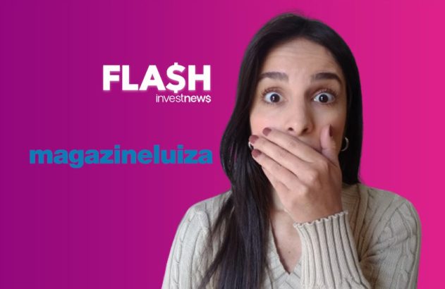 Mulher surpresa com a mão na boca, ao lado dos textos 'FLA$H investnews' e 'magazineluiza' em fundo gradiente roxo.