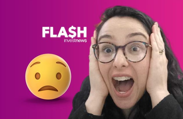Mulher chocada, mãos no rosto, boca aberta. Ao lado, emoji triste e logo 'FLASH investnews'.