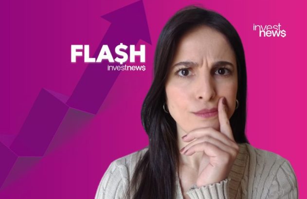 Mulher pensativa com mão no queixo. Fundo roxo com seta ascendente e texto 'FLASH$ investnews$'.