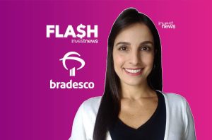 Apresentadora de notícias sorrindo, com logos FLASH investnews e Bradesco.