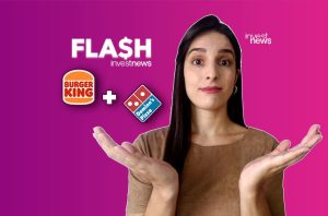 Mulher surpresa com mãos abertas entre logos Burger King e Domino's. Texto: FLASH investnews.