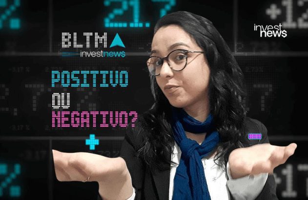 Apresentadora da Investnews gesticula questionando: "POSITIVO OU NEGATIVO?" sobre tela financeira.