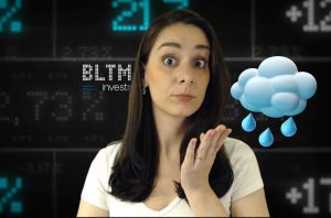 Mulher com olhos arregalados, com nuvem chuvosa 3D ao lado, sobre fundo de dados financeiros e 'BLTM invest'.