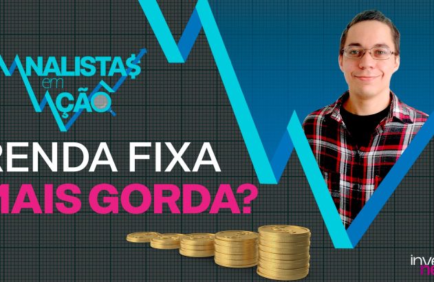 Analista sorridente aborda 'Renda Fixa Mais Gorda?' em gráfico com moedas, sinalizando rentabilidade.