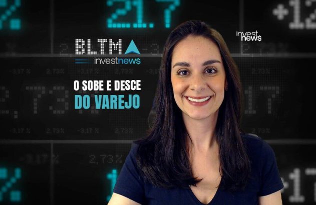 Mulher sorrindo apresenta notícias sobre o varejo em painel digital com dados financeiros e logotipo Investnews.