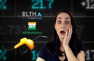 Mulher surpresa com bico de bomba de combustível e logos Petrobras, investnews em fundo digital financeiro.