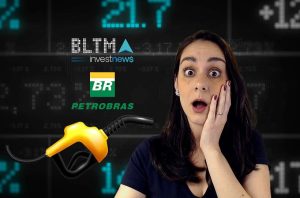 Mulher surpresa com bico de bomba de combustível e logos Petrobras, investnews em fundo digital financeiro.
