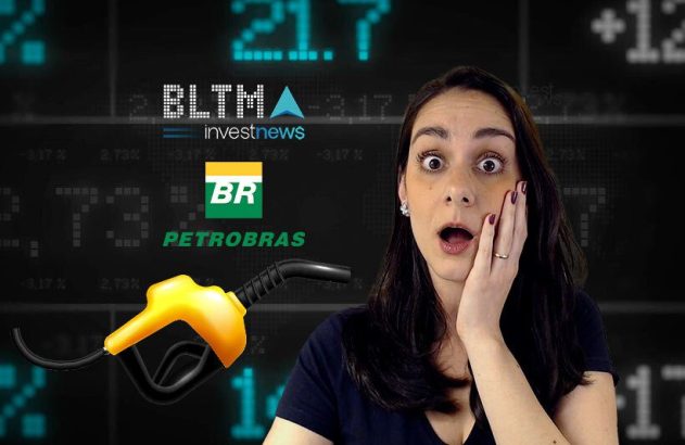 Mulher surpresa com bico de bomba de combustível e logos Petrobras, investnews em fundo digital financeiro.
