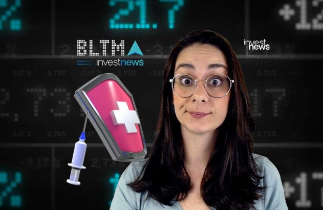 Mulher com óculos e expressão surpresa. Escudo médico com seringa e fundo com dados financeiros. Logo InvestNews.