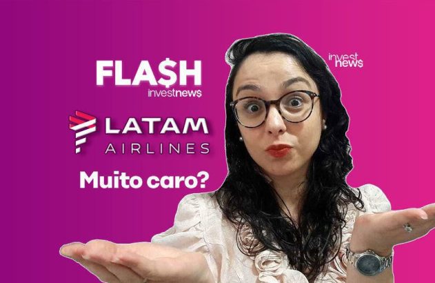 Mulher surpresa com mãos abertas, questionando sobre LATAM AIRLINES e se é 'Muito caro?' no Investnews.