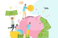 Grupo de pessoas depositando dinheiro em um porquinho rosa. Há moedas, notas e o logo 'invest news'.