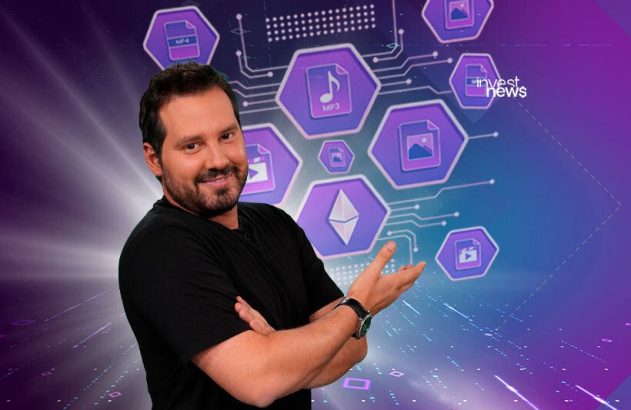 Homem sorrindo apresenta ícones de arquivos digitais (MP3, MP4) e o logo Ethereum em fundo tecnológico roxo.