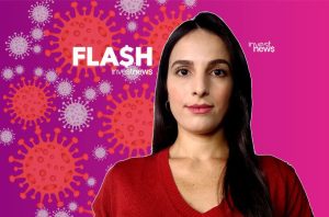 Mulher olhando para frente em fundo roxo com ilustrações de vírus. Dizeres "FLASH$ investnews".