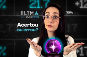 Fundo investnews e dados. Mulher de óculos, mãos abertas sobre bola de cristal, pergunta: 'Acertou ou errou?'