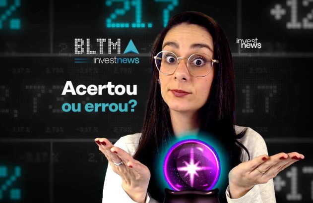 Fundo investnews e dados. Mulher de óculos, mãos abertas sobre bola de cristal, pergunta: 'Acertou ou errou?'