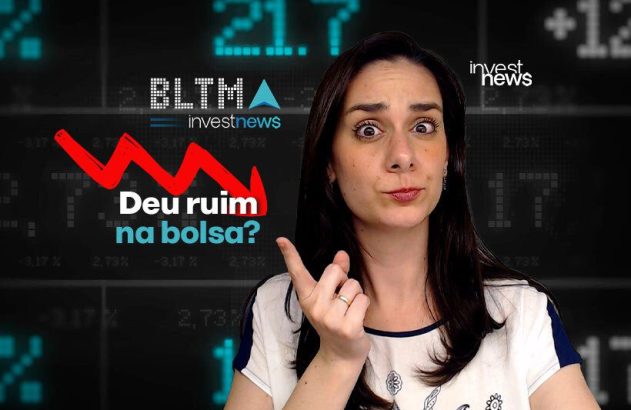 Mulher apontando, preocupada, à frente de gráfico com seta para baixo e texto 'Deu ruim na bolsa?'.