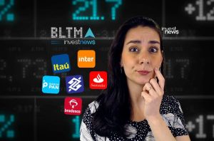 Mulher pensativa observando logos de bancos (Itaú, Inter, Pan, Santander, Bradesco) e dados financeiros.