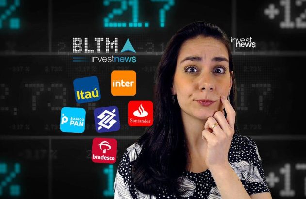 Mulher pensativa observando logos de bancos (Itaú, Inter, Pan, Santander, Bradesco) e dados financeiros.
