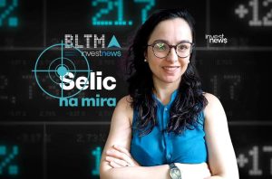 Mulher sorridente, óculos, em fundo com dados financeiros. Texto 'Selic na mira' e logo 'investnews'.