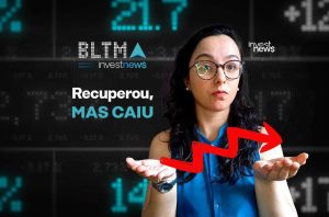 Mulher exibe seta vermelha de gráfico financeiro que recuperou e caiu, sobre fundo de dados de mercado.