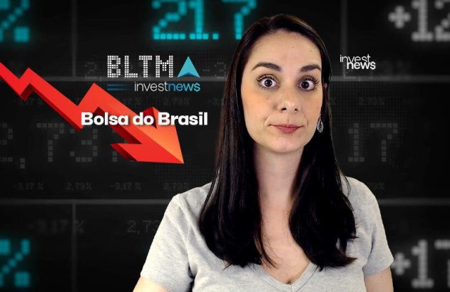 Mulher surpresa com queda da Bolsa do Brasil, indicada por seta vermelha e mercado de ações. investnews.