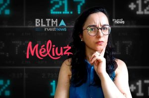 Mulher pensativa de óculos com fundo de dados financeiros e logos 'Méliuz', 'investnews'.