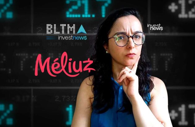 Mulher pensativa de óculos com fundo de dados financeiros e logos 'Méliuz', 'investnews'.