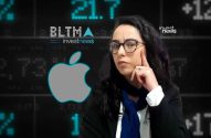 Uma mulher de óculos pensativa em frente a um painel digital com dados financeiros, o logo da Apple e 'investnews'.