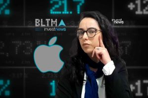 Uma mulher de óculos pensativa em frente a um painel digital com dados financeiros, o logo da Apple e 'investnews'.