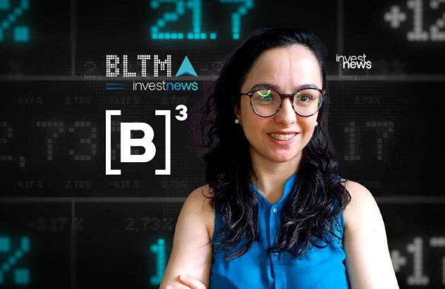 Mulher sorridente com óculos, em fundo financeiro com dados e logotipos como "investnews" e "[B]³".