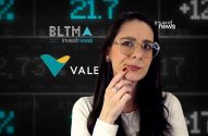 Mulher pensativa de óculos, diante de tela com dados financeiros e logos de empresas (BLTMA, VALE).