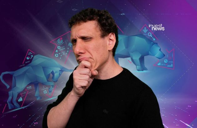 Homem pensativo, com touro e urso estilizados e gráficos financeiros no fundo.