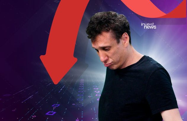 Homem triste com seta vermelha para baixo, simbolizando declínio financeiro ou perdas.