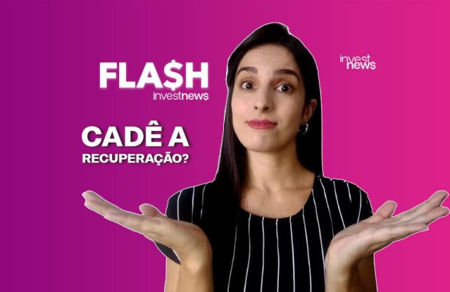 Mulher com expressão questionadora e mãos abertas. À esquerda, texto 'CADÊ A RECUPERAÇÃO?'. Fundo degradê roxo/rosa.