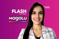 Apresentadora sorridente. Fundo degradê roxo e rosa com textos 'FLASH investnews' e 'MAGALU'.