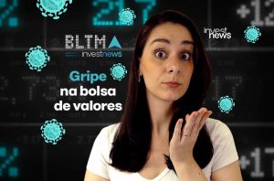 Mulher surpresa com texto "Gripe na bolsa de valores" e ícones de vírus, em fundo de mercado financeiro.