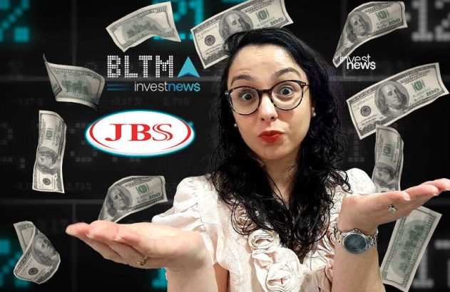 Mulher de óculos com expressão surpresa e notas de dólar voando ao redor. Fundo financeiro com logos JBS e Investnews.