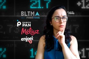 Mulher pensativa em frente a um painel de mercado financeiro com logotipos de empresas.