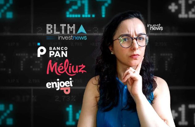 Mulher pensativa em frente a um painel de mercado financeiro com logotipos de empresas.