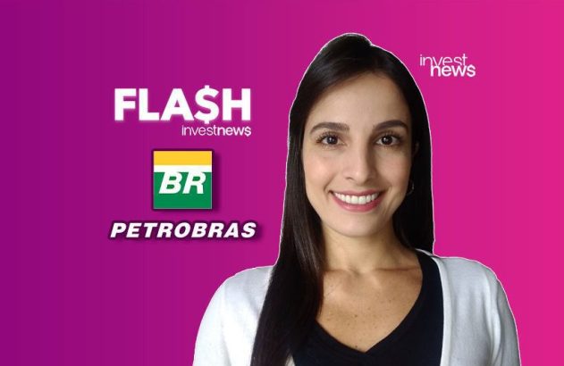 Mulher sorridente com logos Flash Investnews, BR e Petrobras. Fundo roxo. Notícia financeira.