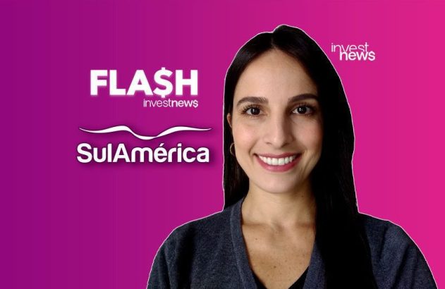 Mulher sorrindo, com logos FLASH investnews e SulAmérica sobre fundo roxo e rosa.