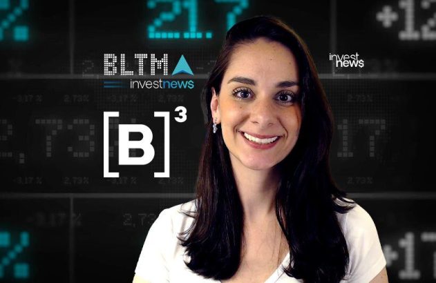 Uma mulher sorrindo em frente a um fundo digital com dados financeiros e o logo "investnews".
